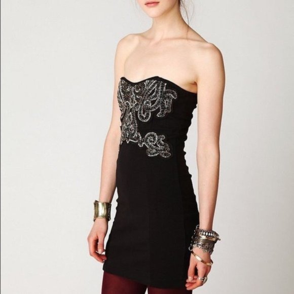 ✨Free People Strapless Beaded Black Bodycon Dress - Picture 2 of 5